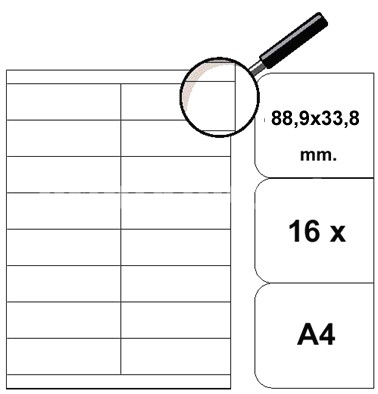 Etikety samolepící A4, 88,9 x 33,8 mm., 100 listů.