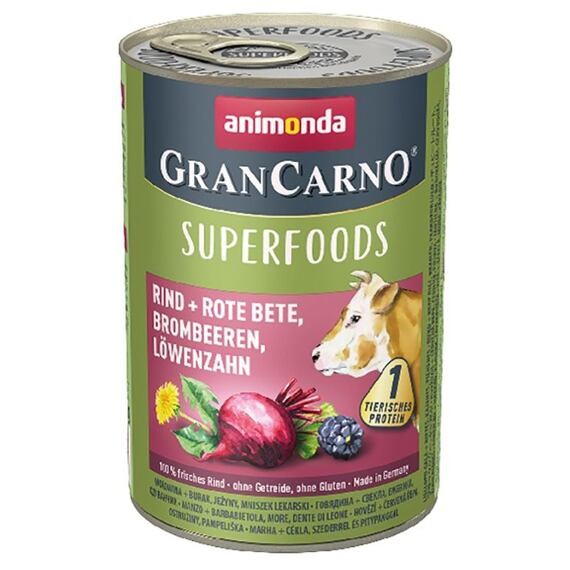 Konzervy pro psy GRANCARNO SUPER FOODS hovězí,čv.řepa,ostružiny,pampeliška 800 g