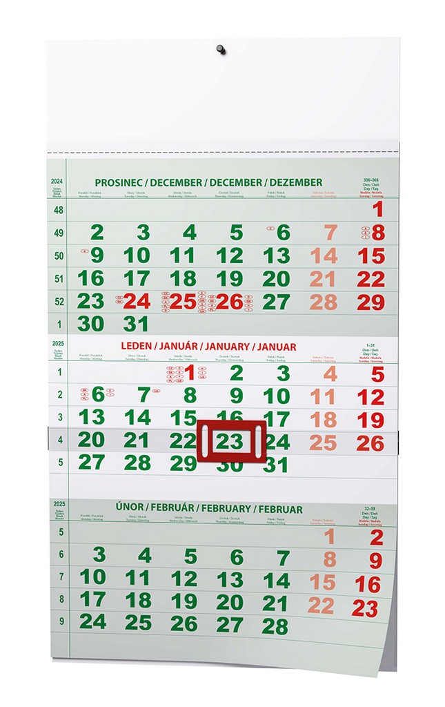 Nástěnný kalendář - Tříměsíční - A3 s mezinárodními svátky - ZELENÝ